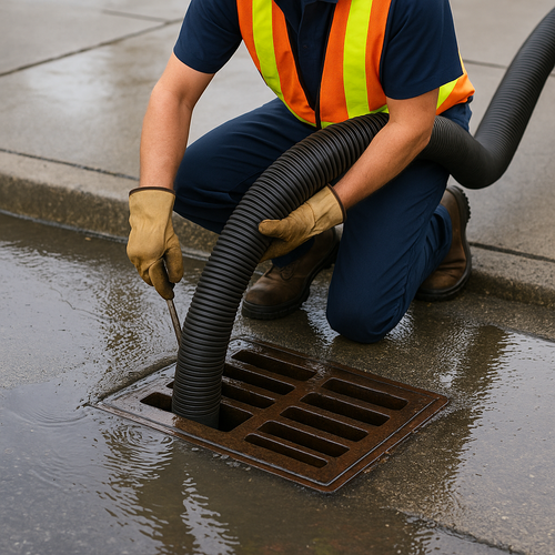 commercial drain storm being cleaned